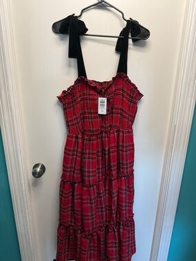 Torrid Red Plaid Tiered Smocked Midi Dress with Black Straps